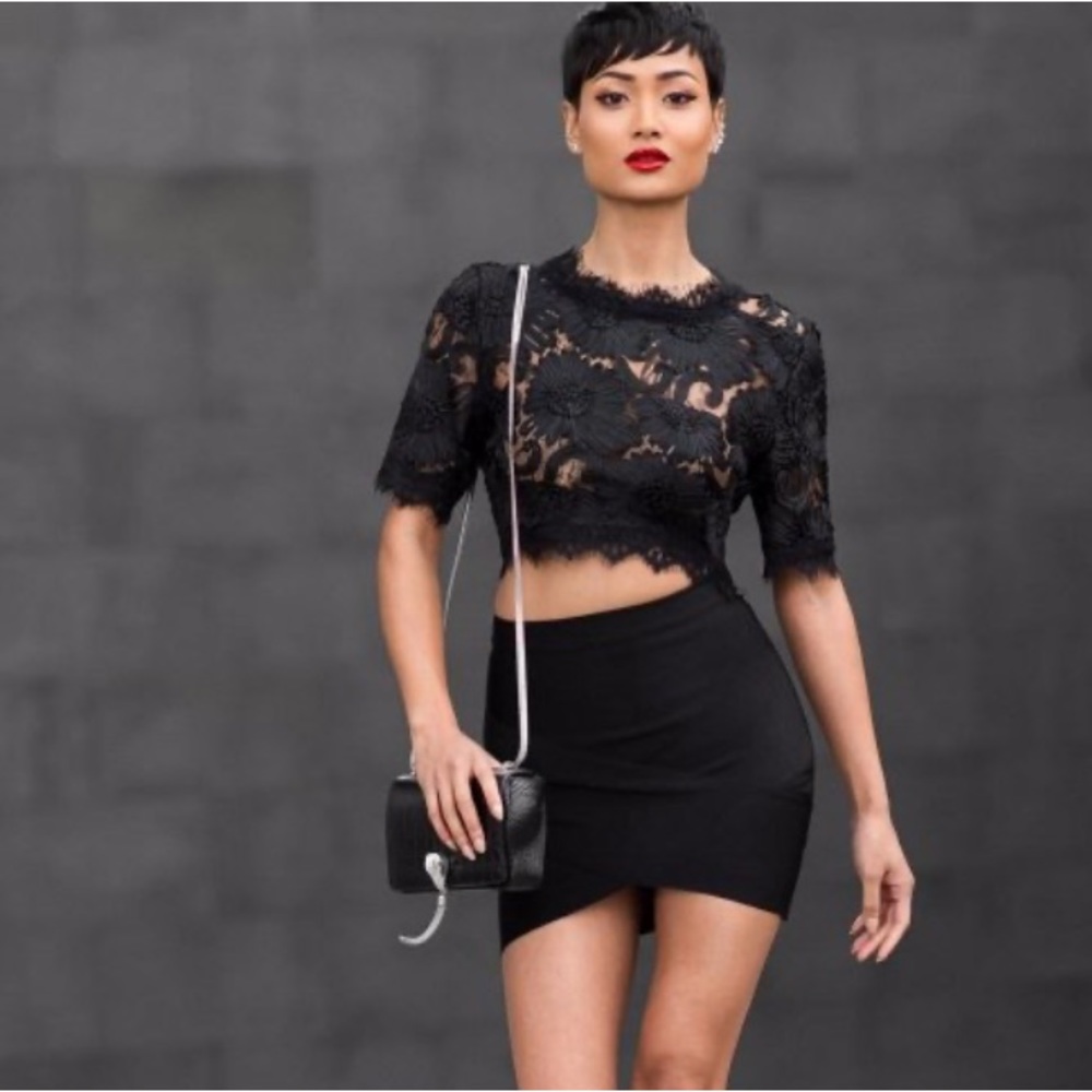 Sam Joy Black Sheer Crop Top with Floral Pattern over Mesh Design Size Large